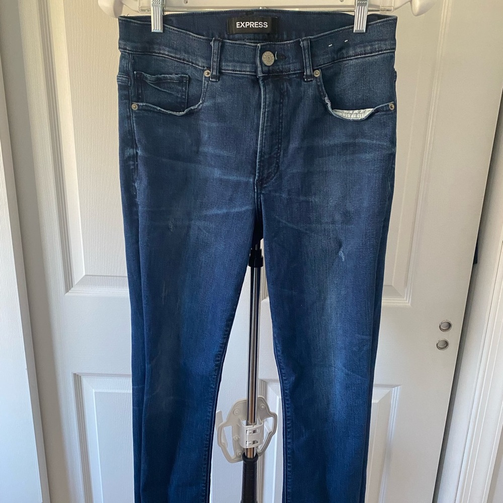 Express Barely Boot High Rise Medium Wash Jeans with Fringe bottoms